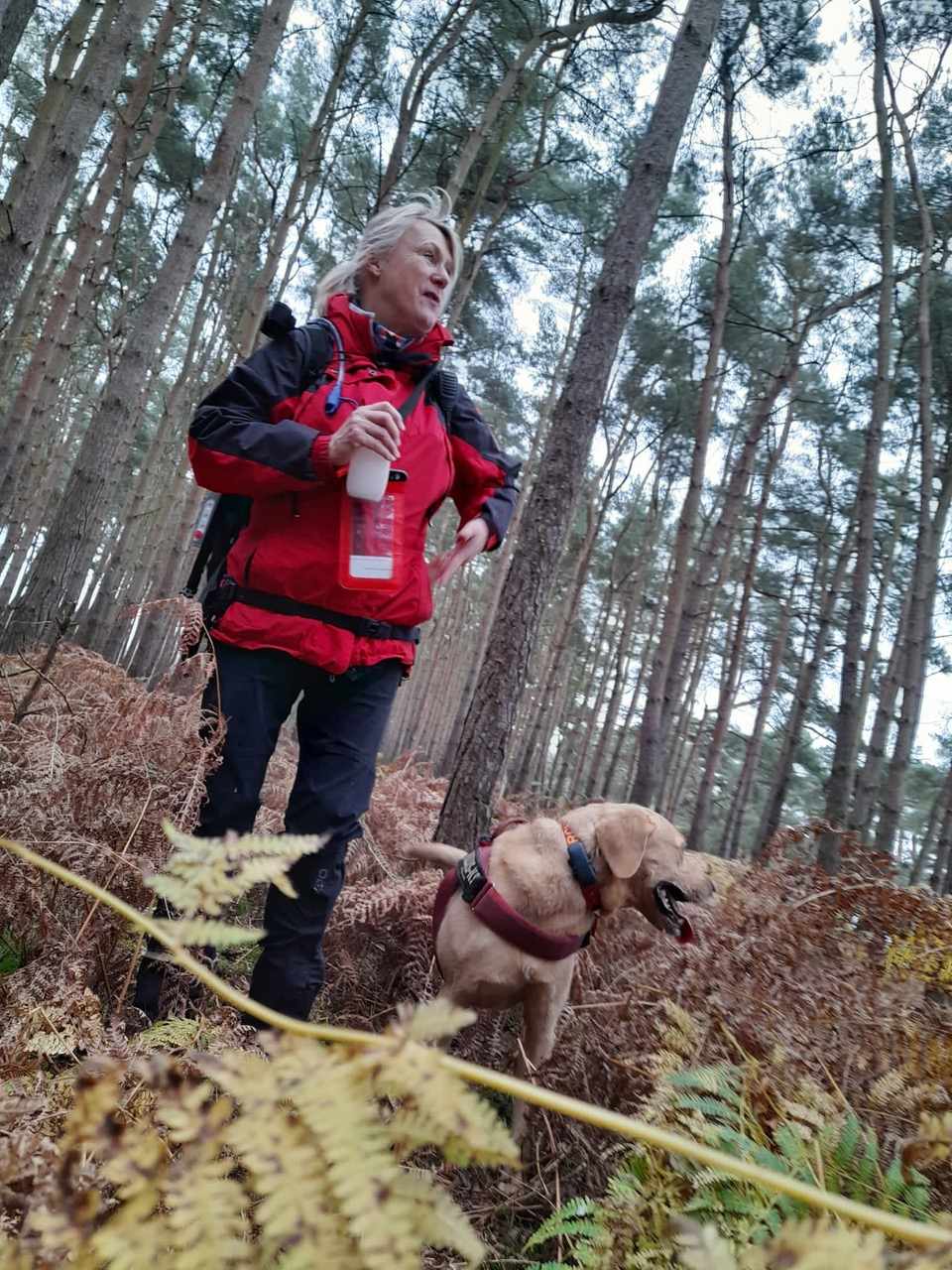 Kate with one of her dogs in a pine wood